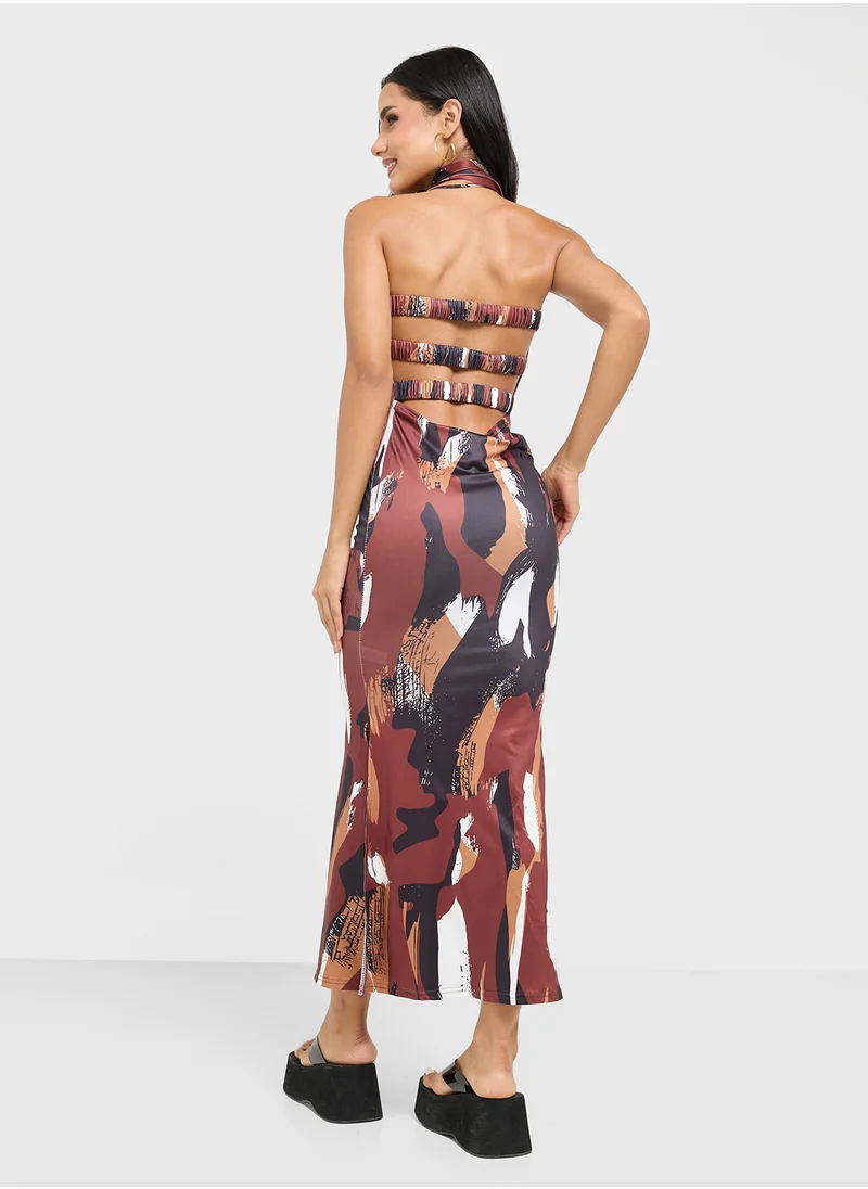جينجر Bandeau Mesh Bodycon Dress With Scarf Detail