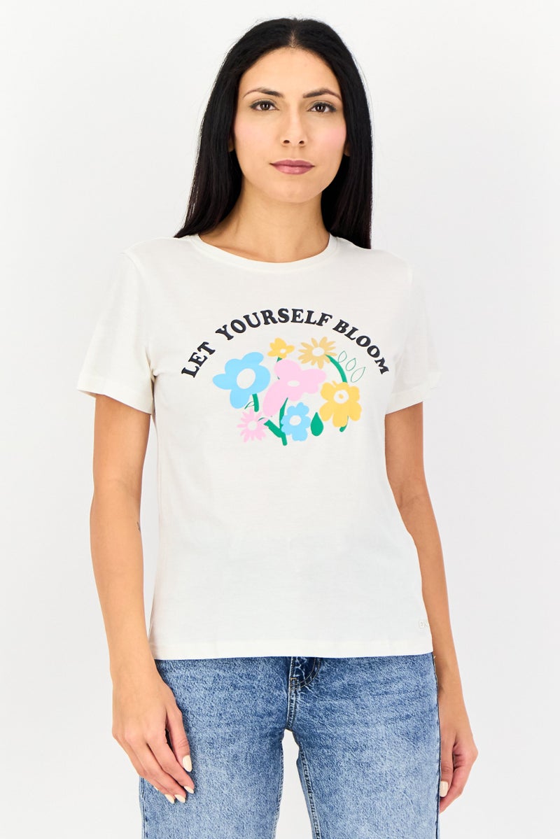 ONLY Women Round Neck Short Sleeve Graphic Print T-Shirt, White - Image 1