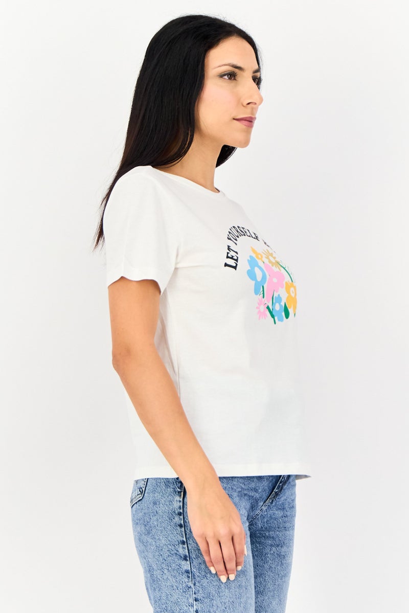 ONLY Women Round Neck Short Sleeve Graphic Print T-Shirt, White - Image 3