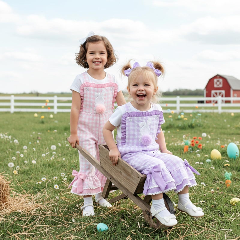YINGISFITM Toddler Baby Girl Easter Outfit Bunny Overalls Ruffle Bell-Bottom Plaid One Piece Romper Jumpsuit Cute Clothes (Bunny Purple, 18-24 Months) - Image 4
