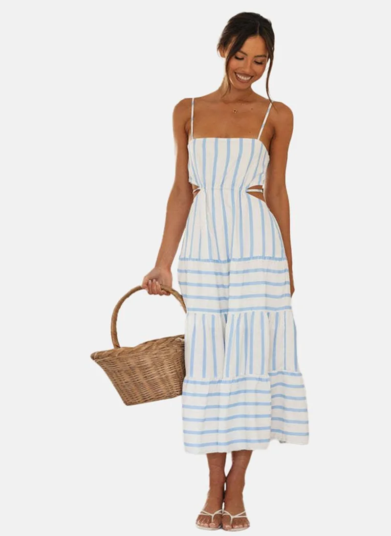 يونيكي White & Blue Shoulder Strap Striped Fit & Flared Dress