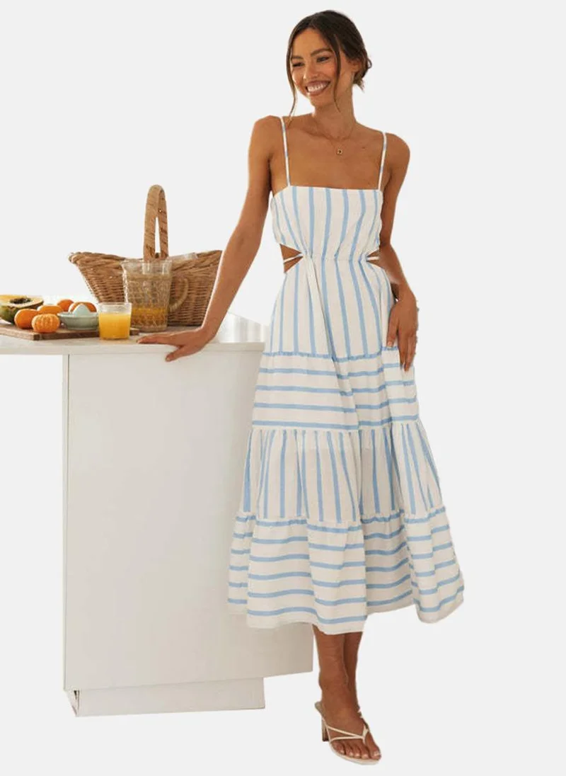 يونيكي White & Blue Shoulder Strap Striped Fit & Flared Dress