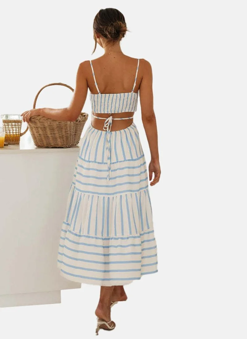 يونيكي White & Blue Shoulder Strap Striped Fit & Flared Dress