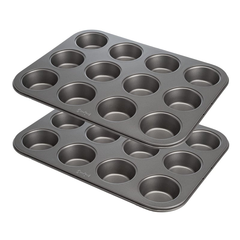 Goodful Nonstick Muffin Pan Set Heavy Duty Carbon Steel with Quick Release Coating Made without PFOA Dishwasher Safe 2Pack Bakeware Set 12Cup Gray