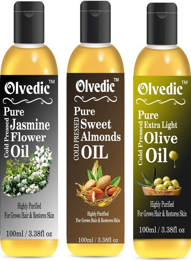 OLVEDIC 100% Pure & Natural Jasmine Flower & Sweet Almond Oil & Olive Oil in Combo Pack of 3 (100 ml each) - Image 2