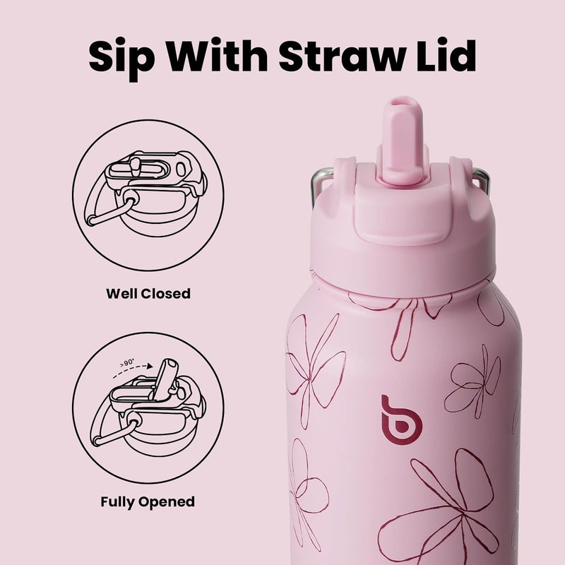 BOTTLE BOTTLE 32oz Insulated Water Bottle with Straw and Pill Box - Pink Flower - Image 3