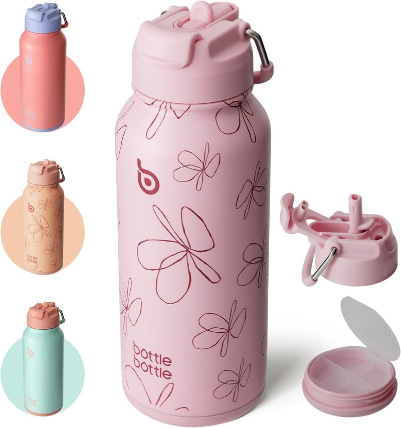 BOTTLE BOTTLE 32oz Insulated Water Bottle with Straw and Pill Box - Pink Flower - Image 1