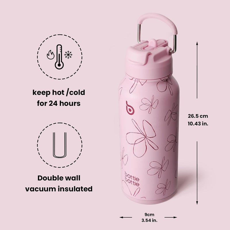 BOTTLE BOTTLE 32oz Insulated Water Bottle with Straw and Pill Box - Pink Flower - Image 5