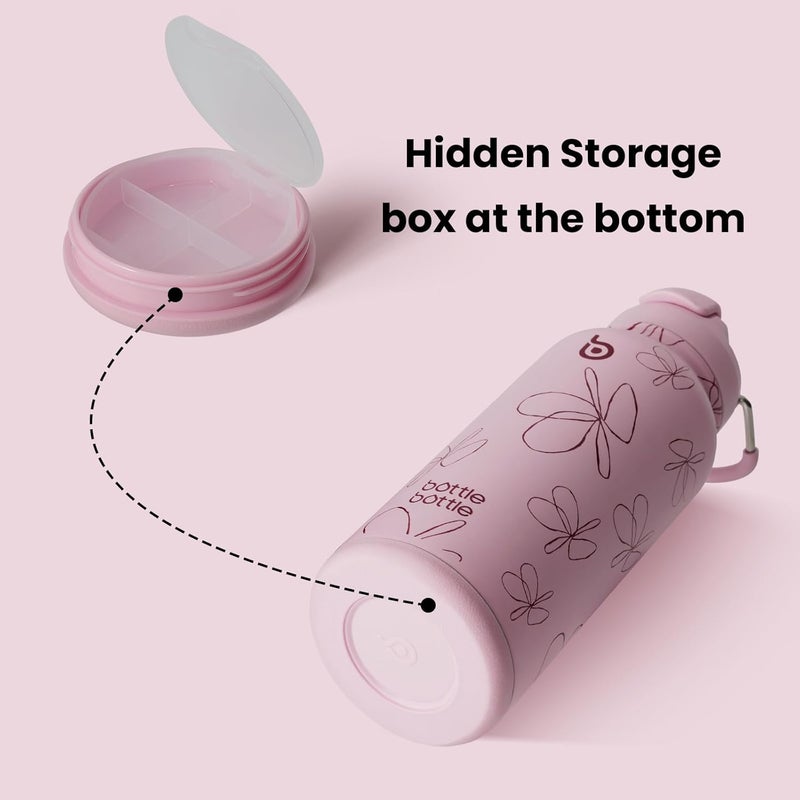 BOTTLE BOTTLE 32oz Insulated Water Bottle with Straw and Pill Box - Pink Flower - Image 2