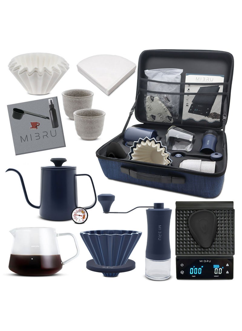 MIBRU V60 Pour Over Coffee Maker Coffee Set 14pcs with Coffee Drip Scale, Coffee Bean Weighing Tray, Coffee Bean Grinder, Coffee Bean Spray Bottle, Coffee Spoon, Coffee Paper Filter, Coffee Drip Filter, Coffee Share Pot, Hand Drip Gooseneck Pot, Coffee Dripping Pot Restrictor Nozzle, Coffee Bag, Coffee Thermometer, Coffee Cup, Coffee Cleaning Tools Set, Portable Storage Bag - Image 1