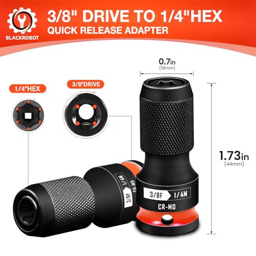 BLACKROBOT 2PCS Quick Release Impact Bit Holders 3/8-Inch Square Drive to 1/4-Inch Hex Socket Adapter, CR-MO Steel, Red - Image 2