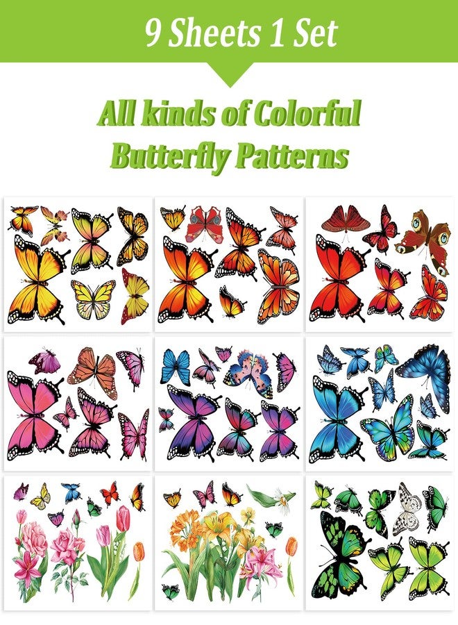 وولاين مجموعة ملصقات نوافذ من والين، 9 أوراق، بتصميم فراشات ملونة، ربيعية وصيفية، ذات وجهين، مضادة للاصطدام، قابلة لإعادة الاستخدام، لمنع اصطدام الطيور بالزجاج، غير لاصقة، مناسبة لنوافذ المنزل - Image 4