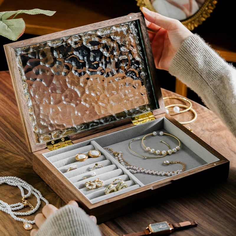 AHNIK Wooden Vintage Glass Jewelry Box, Solid Wood Jewelry Storage, High-end Exquisite Jewelry Wooden Storage Box, Walnet Wood Box, .Ideal Gift For Jewelry Lovers(Walnut) - Image 1