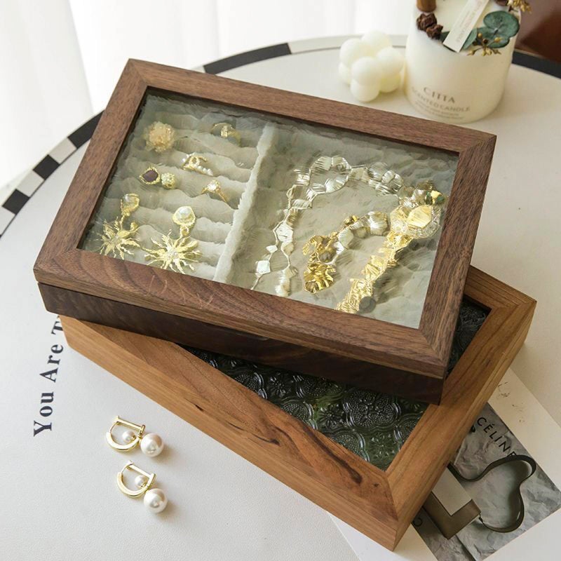 AHNIK Wooden Vintage Glass Jewelry Box, Solid Wood Jewelry Storage, High-end Exquisite Jewelry Wooden Storage Box, Walnet Wood Box, .Ideal Gift For Jewelry Lovers(Walnut) - Image 5