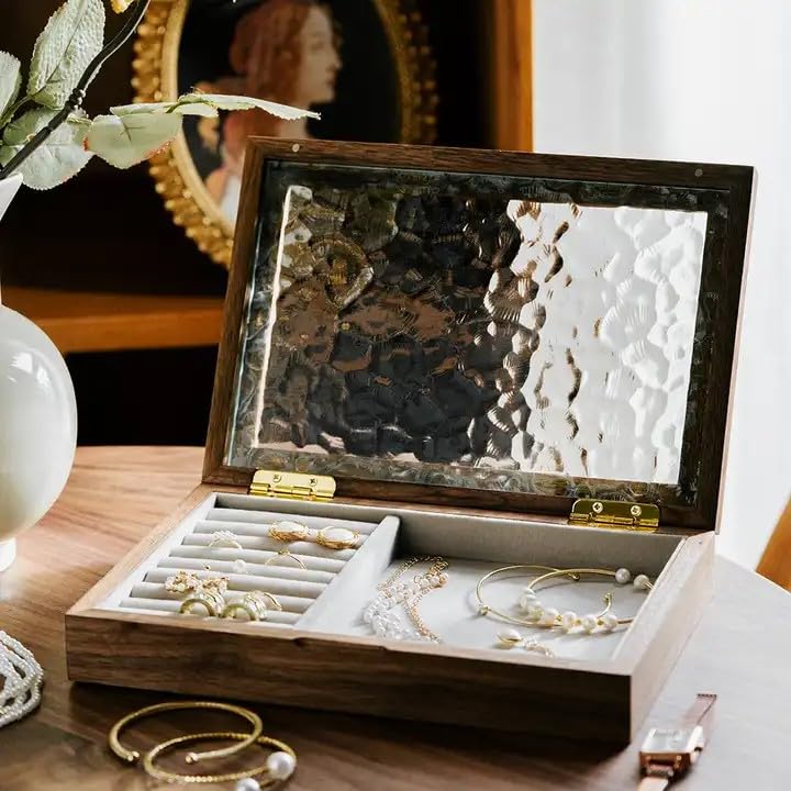AHNIK Wooden Vintage Glass Jewelry Box, Solid Wood Jewelry Storage, High-end Exquisite Jewelry Wooden Storage Box, Walnet Wood Box, .Ideal Gift For Jewelry Lovers(Walnut) - Image 2