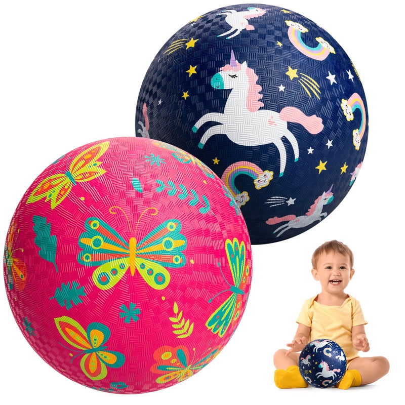 U&C Planet UC Planet Playground Balls for Toddler 13 2 Pack 6 inches Rubber Balls with Pump Kickball Outdoor Indoor Game for Kids 15 Years Catoon Balls with Unicorn Butterfly for Boys Girls - Image 3