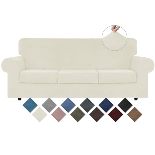 WEERRW 4 Pieces Velvet High Stretch Couch Covers for 3 Cushion Couch Sofa Slipcovers, Washable Furniture Protector with Non Slip Elastic Bottom, Feature Soft and Thick Plush Fabric, Ivory, Large - Image 1