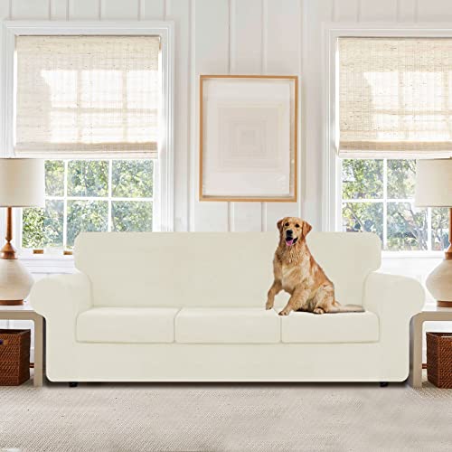 WEERRW 4 Pieces Velvet High Stretch Couch Covers for 3 Cushion Couch Sofa Slipcovers, Washable Furniture Protector with Non Slip Elastic Bottom, Feature Soft and Thick Plush Fabric, Ivory, Large - Image 2