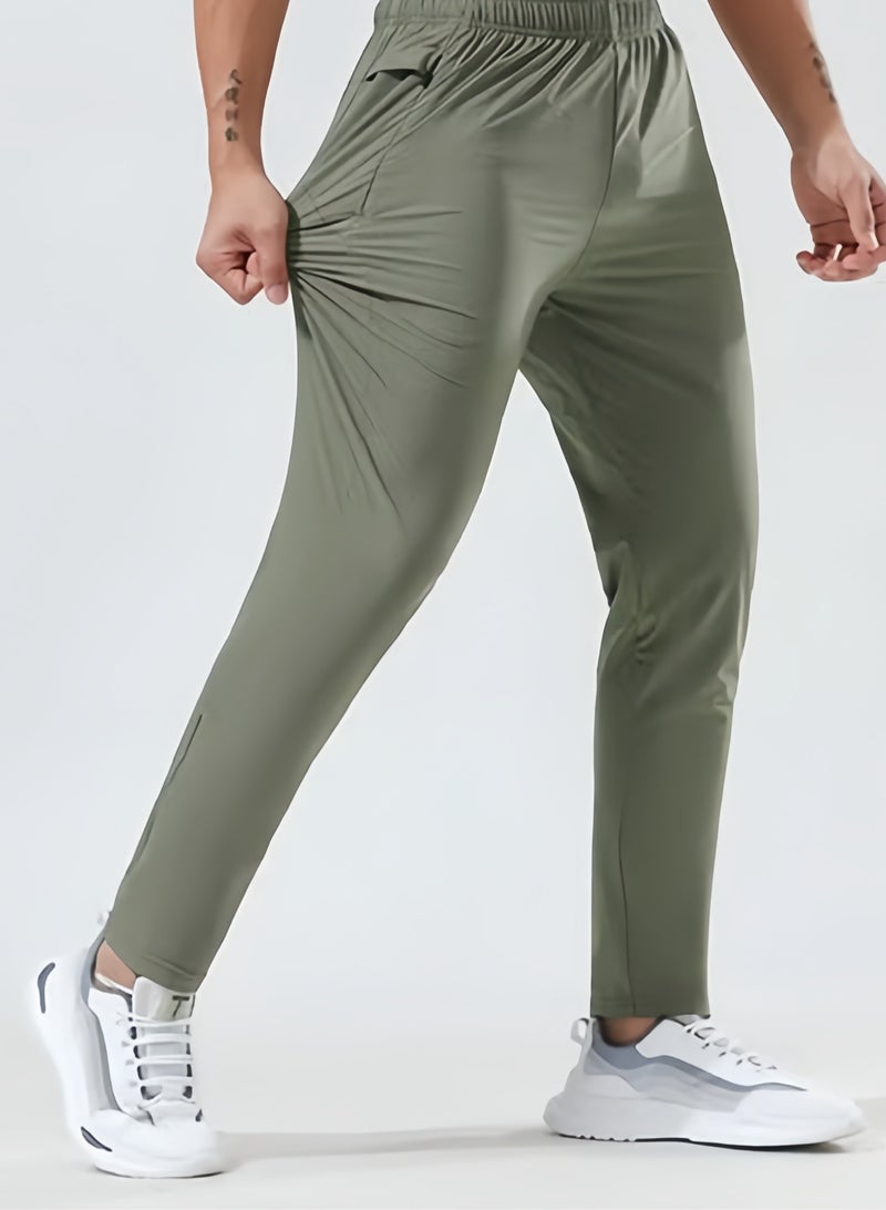 كوينج بنطلون رياضي رجالي سريع الجفاف، فضفاض صيفي، مصنوع من الحرير الجليدي الرقيق، مناسب للجري واللياقة البدنية واليوغا والترفيه والتدريب، مع جيوب بسحاب - Image 1