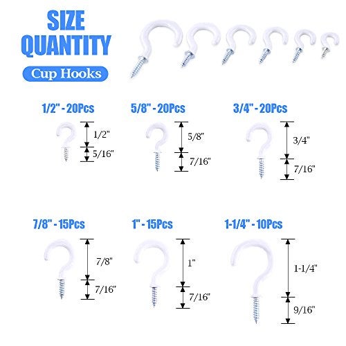 Glarks 100Pieces 6 Sizes White Vinyl Coated Cup Hooks Screwin Ceiling Hooks Screw Hooks Mug Hooks Hangers Assortment Kit for Home and Office Use - Image 3