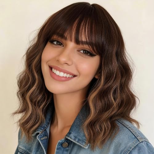 Nnzes Short Wavy Bob Wig with Bangs for Women Shoulder Length Curly Ombre Brown Highlight Synthetic HeatResistant Fiber Hair for Daily Party Use - Image 1
