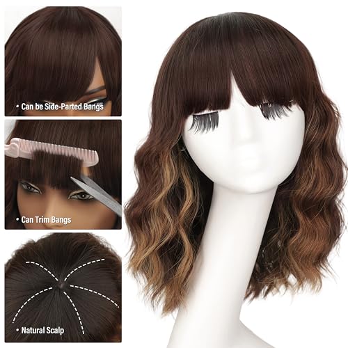 Nnzes Short Wavy Bob Wig with Bangs for Women Shoulder Length Curly Ombre Brown Highlight Synthetic HeatResistant Fiber Hair for Daily Party Use - Image 3