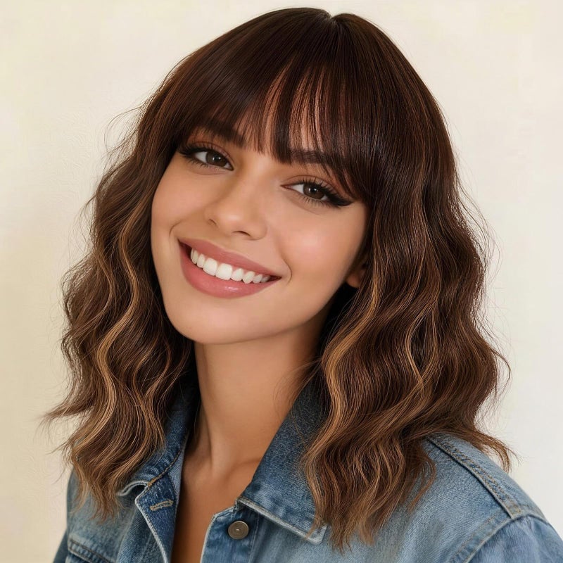 Nnzes Short Wavy Bob Wig with Bangs for Women Shoulder Length Curly Ombre Brown Highlight Synthetic HeatResistant Fiber Hair for Daily Party Use - Image 2