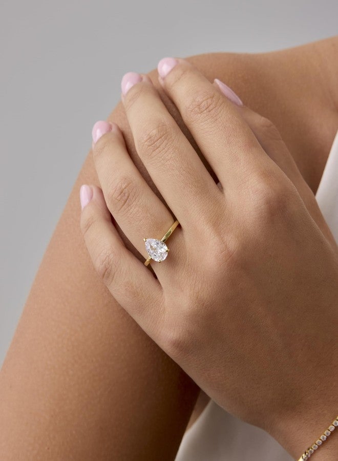 PAVOI 14K Yellow Gold Plated Simple Eternity Band with 2.5CT Pear Cubic Zirconia Hidden Halo Bridal Wedding Promise Engagement Ring for Women - Statement Ring - Size 7 - Image 2