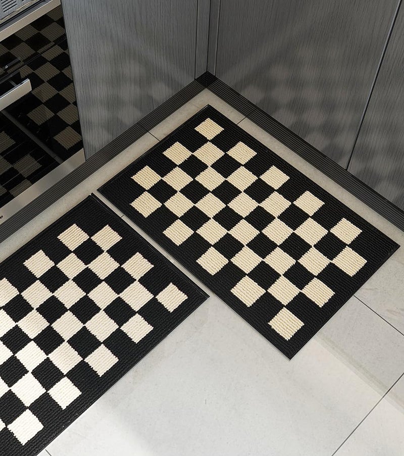 GIB cleaningtool GIB Kitchen Mats for Floor Set of 2, Kitchen Rugs Non Slip/Skid Washable Runner Rugs, Stain Resistant Comfort Standing Mats for Kitchen Laundry Sink Decor, Black Cream Checkered - Image 2