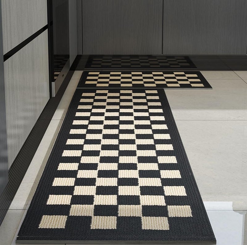 GIB cleaningtool GIB Kitchen Mats for Floor Set of 2, Kitchen Rugs Non Slip/Skid Washable Runner Rugs, Stain Resistant Comfort Standing Mats for Kitchen Laundry Sink Decor, Black Cream Checkered - Image 1