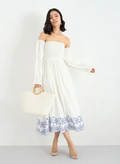 Styli Styli Off-Shoulder Embroidered Midi Dress