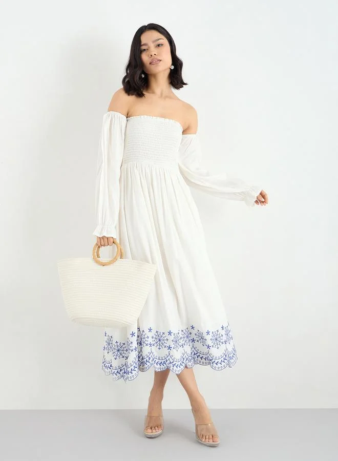 Styli Off-Shoulder Embroidered Midi Dress