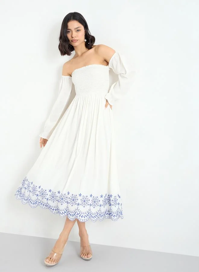 Styli Styli Off-Shoulder Embroidered Midi Dress