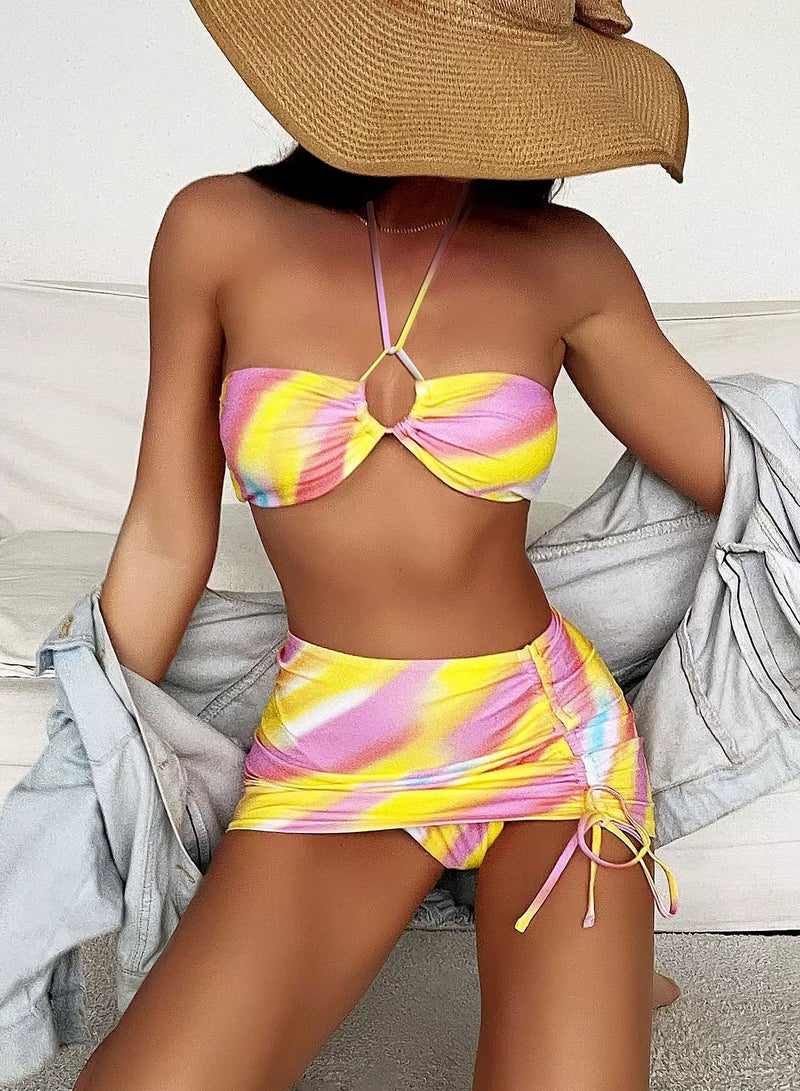 Generic 3pack Abstract Fluid Pattern Halter Bikini Swimsuit & Beach Skirt  - Image 1