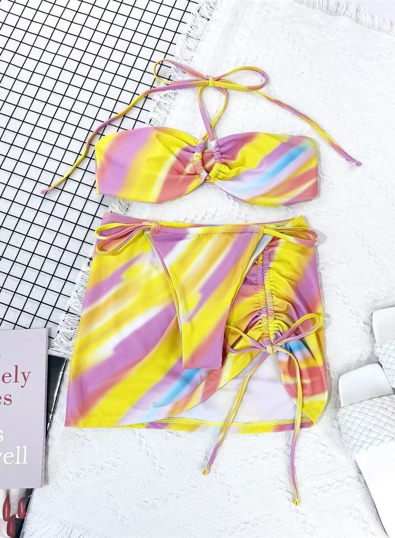 Generic 3pack Abstract Fluid Pattern Halter Bikini Swimsuit & Beach Skirt  - Image 4