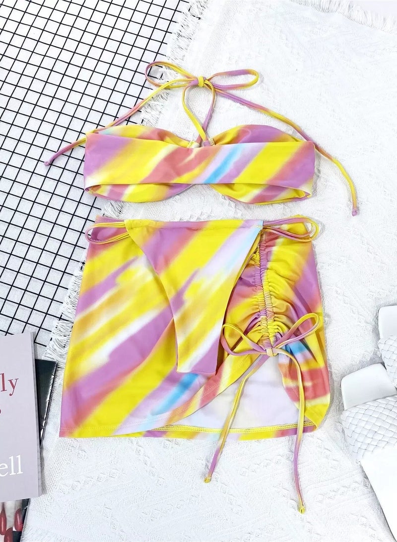 Generic 3pack Abstract Fluid Pattern Halter Bikini Swimsuit & Beach Skirt  - Image 2