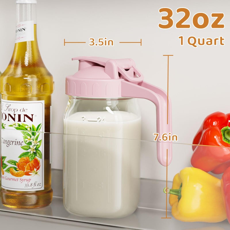 OneDream Breast Milk Pitcher, Mason Jar 32 oz, Heavy Duty Wide Mouth Jar with Pink Flip Cap Lid and Pour Spout, Airtight Seal for Freshness and Convenience, Great for Cold Beverages and Home Entertaining - Image 2