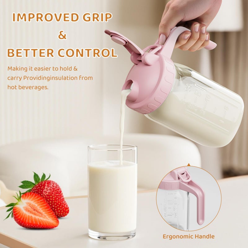 OneDream Breast Milk Pitcher, Mason Jar 32 oz, Heavy Duty Wide Mouth Jar with Pink Flip Cap Lid and Pour Spout, Airtight Seal for Freshness and Convenience, Great for Cold Beverages and Home Entertaining - Image 3