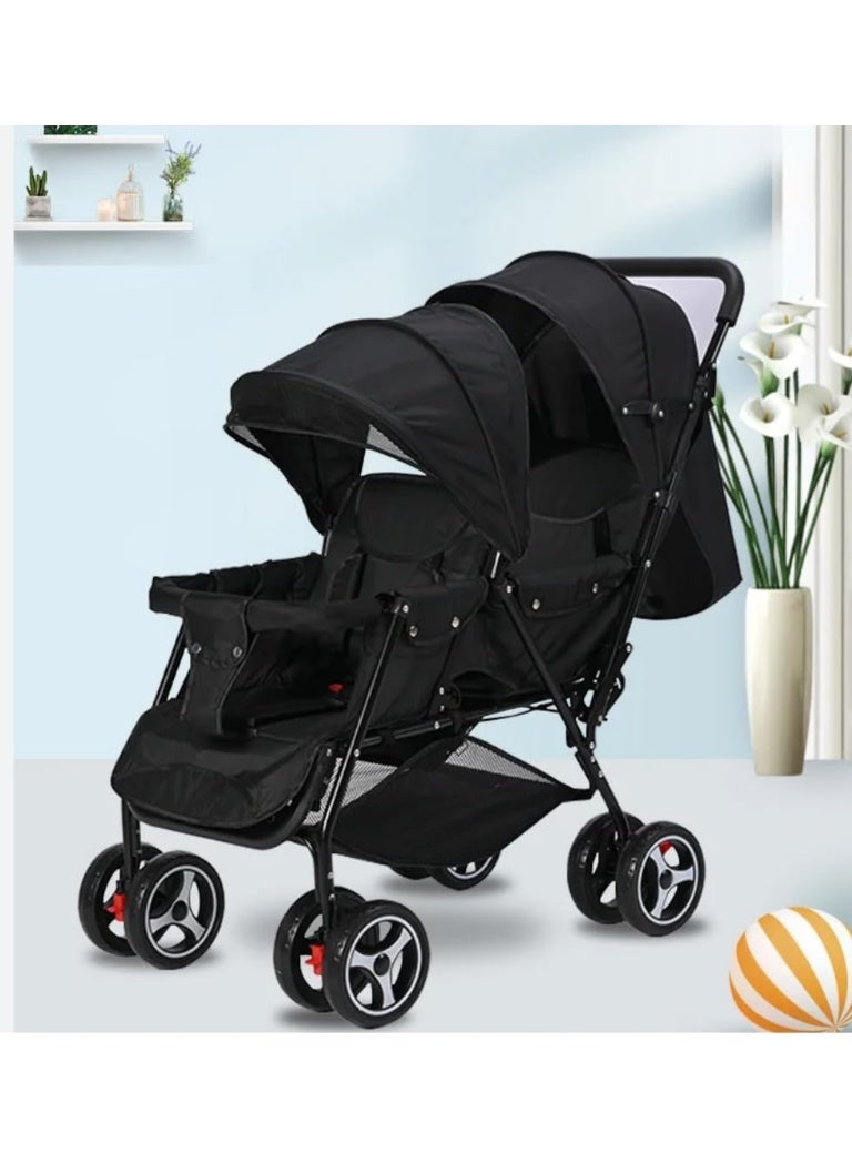عربة أطفال مزدوجة قابلة للطي مع مقعدين باللون الأسود - Image 4