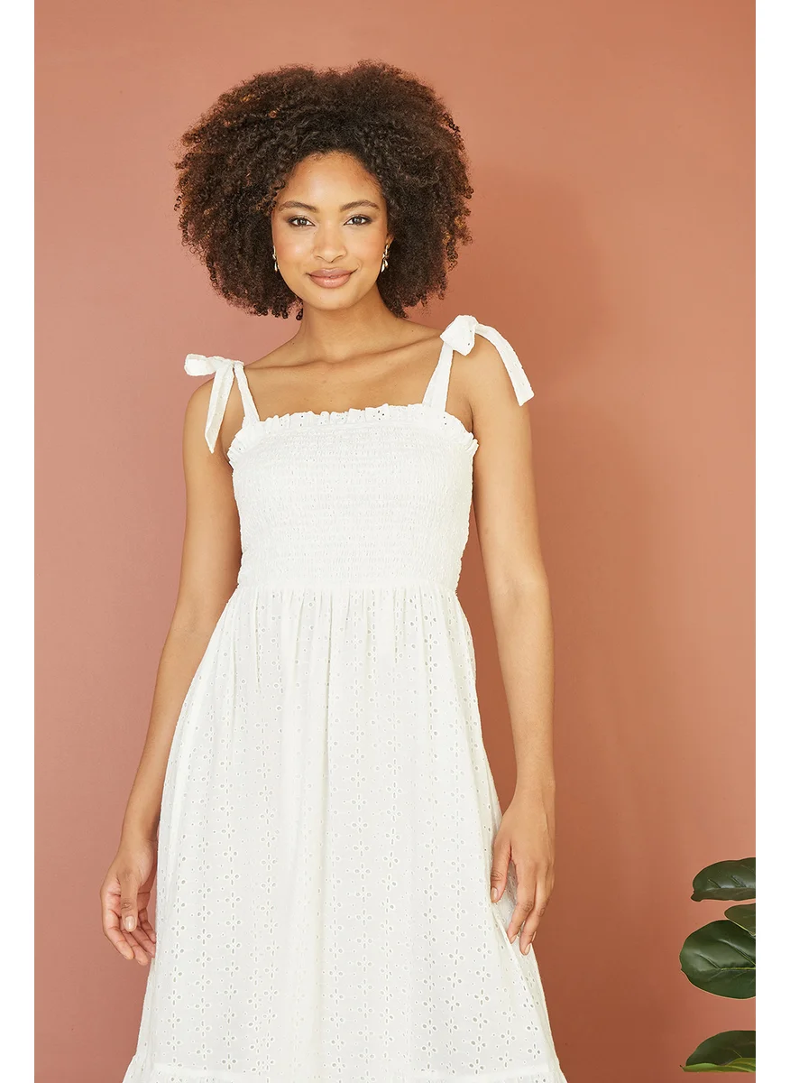 MELA LONDON Broderie Anglaise Ruched Midi Sundress