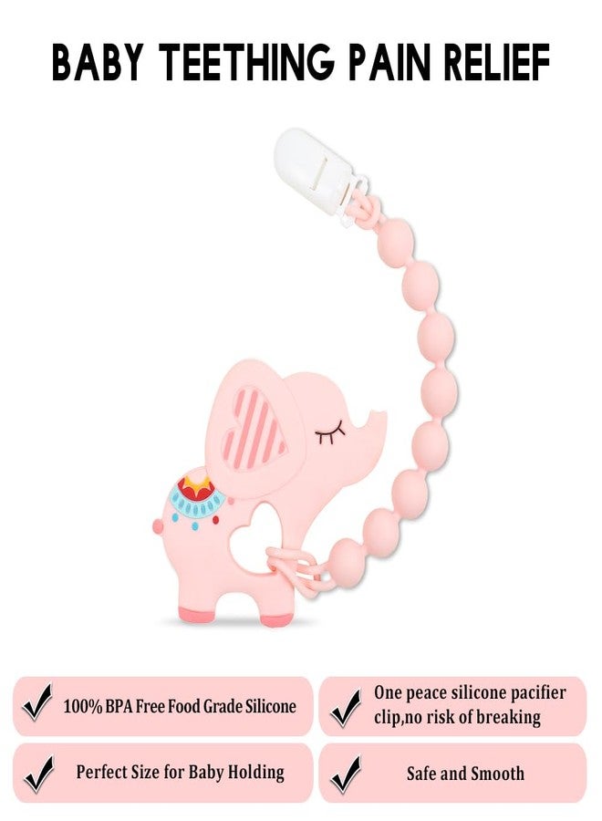 AmazingM Baby Food Grade Silicone Teether Toy with One Piece Design Pacifier Clip Holder,Teething Pain Relief Toys Gift Set for 3 Months+ Boys and Girls,Freezer Safe,BPA Free. (Pink Elephant) - Image 2