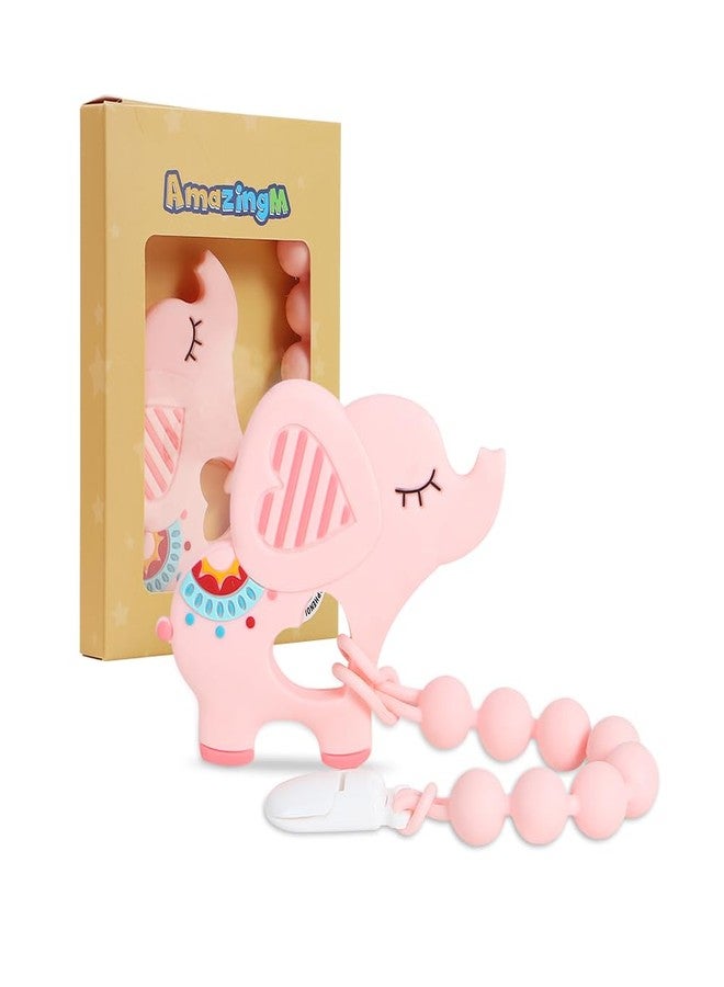 AmazingM Baby Food Grade Silicone Teether Toy with One Piece Design Pacifier Clip Holder,Teething Pain Relief Toys Gift Set for 3 Months+ Boys and Girls,Freezer Safe,BPA Free. (Pink Elephant) - Image 1