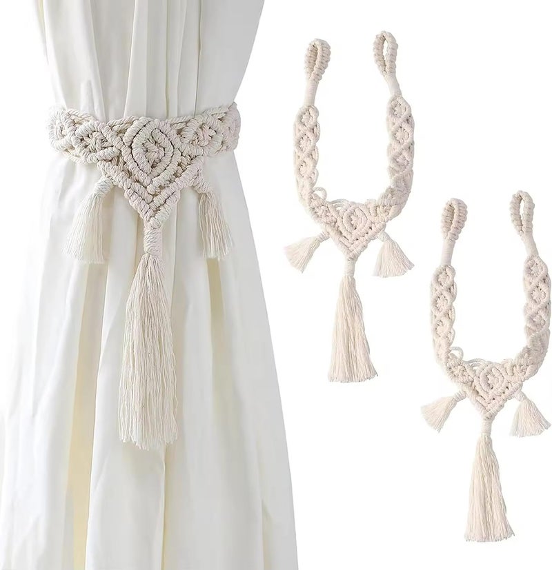 BLUE BEADS 2 Pack Handmade Macramé Curtain Tieback – Boho Rope Curtain Holder with Tassels for Home Décor, Living Room, Bedroom, Nursery, (Cream White) - Image 1