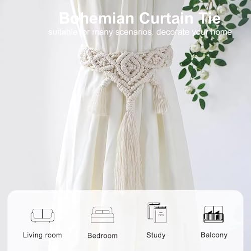 BLUE BEADS 2 Pack Handmade Macramé Curtain Tieback – Boho Rope Curtain Holder with Tassels for Home Décor, Living Room, Bedroom, Nursery, (Cream White) - Image 2