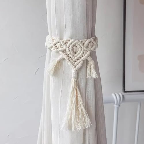 BLUE BEADS 2 Pack Handmade Macramé Curtain Tieback – Boho Rope Curtain Holder with Tassels for Home Décor, Living Room, Bedroom, Nursery, (Cream White) - Image 5