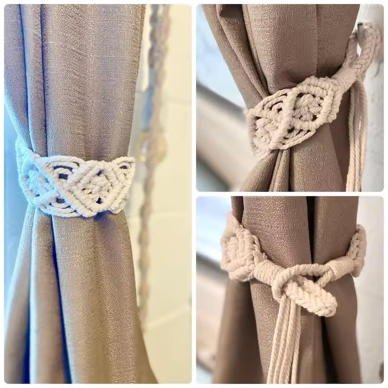 BLUE BEADS 2 Pack Handmade Macramé Curtain Tieback – Boho Rope Curtain Holder with Tassels for Home Décor, Living Room, Bedroom, Nursery, (Cream White) - Image 3