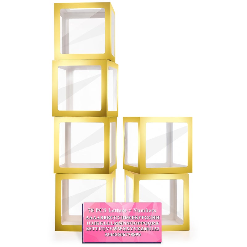 Lovelite Baby Boxes with Letters, 6 Transparent Balloon Boxes with 78 Letters & Numbers, Clear Name Boxes for Baby Shower Birthday Bridal Wedding Gender Reveal Party Decorations Backdrop, Gold - Image 1