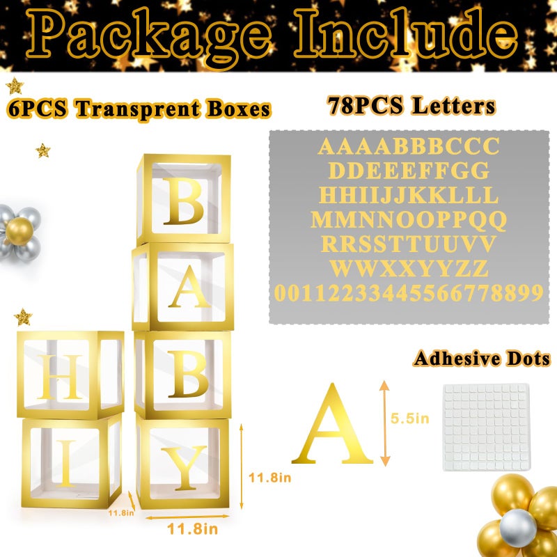 Lovelite Baby Boxes with Letters, 6 Transparent Balloon Boxes with 78 Letters & Numbers, Clear Name Boxes for Baby Shower Birthday Bridal Wedding Gender Reveal Party Decorations Backdrop, Gold - Image 2