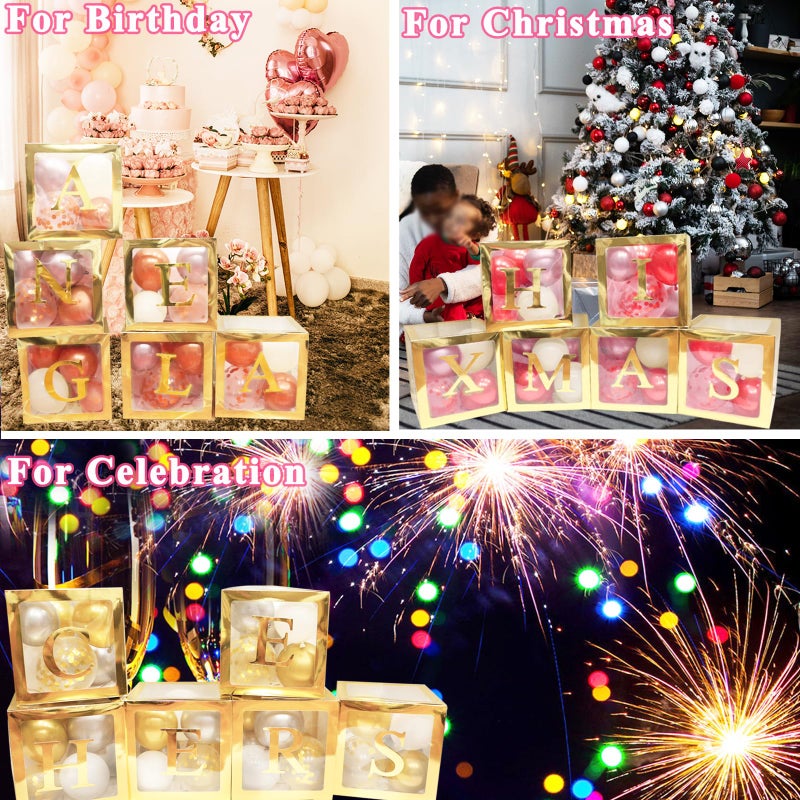 Lovelite Baby Boxes with Letters, 6 Transparent Balloon Boxes with 78 Letters & Numbers, Clear Name Boxes for Baby Shower Birthday Bridal Wedding Gender Reveal Party Decorations Backdrop, Gold - Image 5