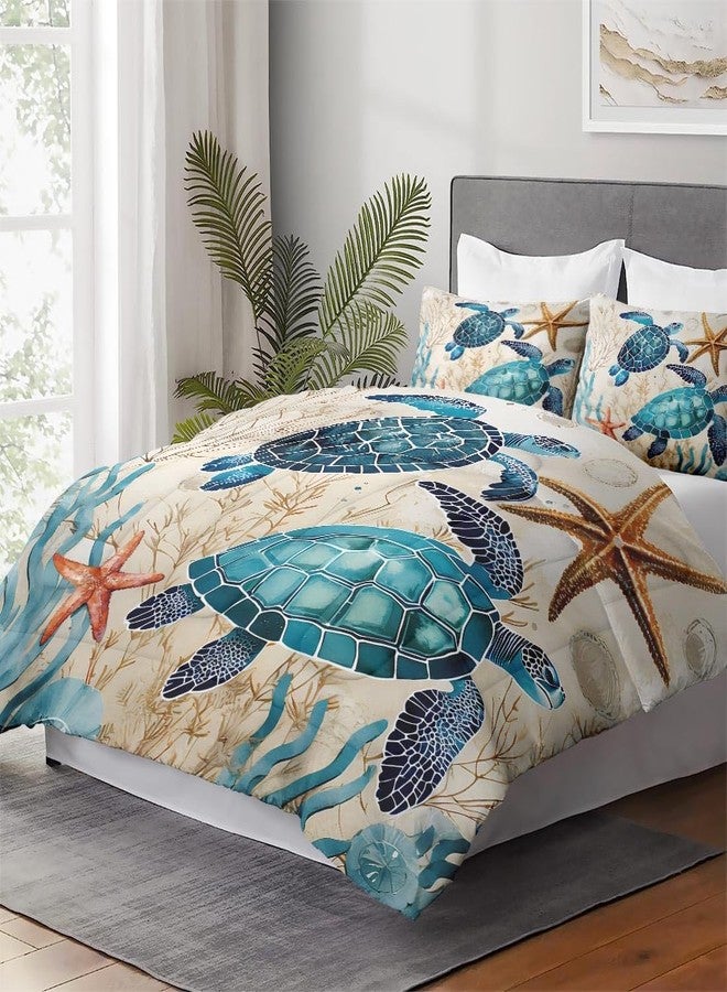 WeCozy Queen Size Comforter Set with 2 Pillowcases, Ocean Coral Sea Turtle 3 Pcs Bedding for Kids and Adults, Blue Shell Animal Soft Comforter Set for Bedroom Bed Decor - Image 4